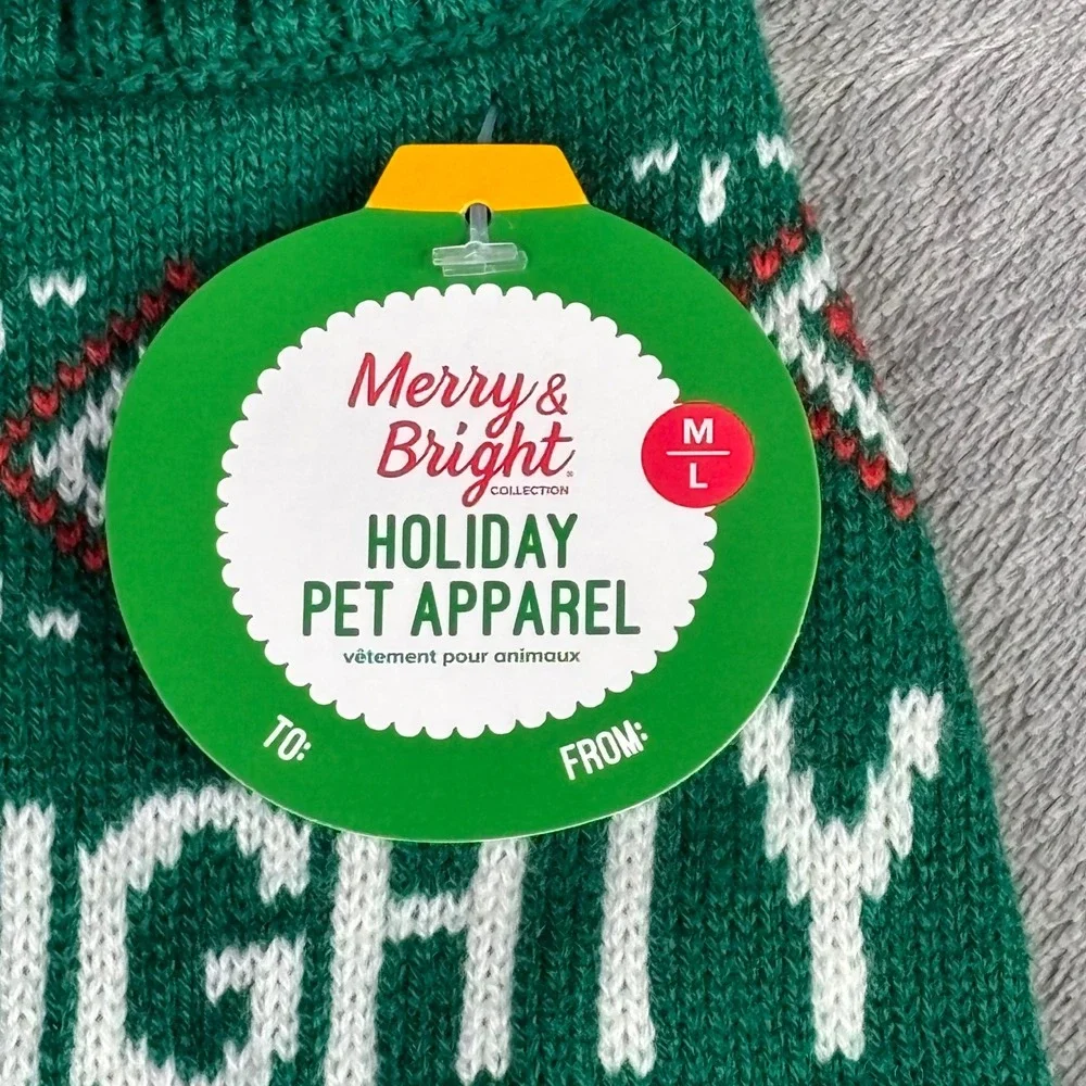 Merry & Bright Holiday Pet Sweater M/L Green Naughty Nice Not Today Pom Pom Knit